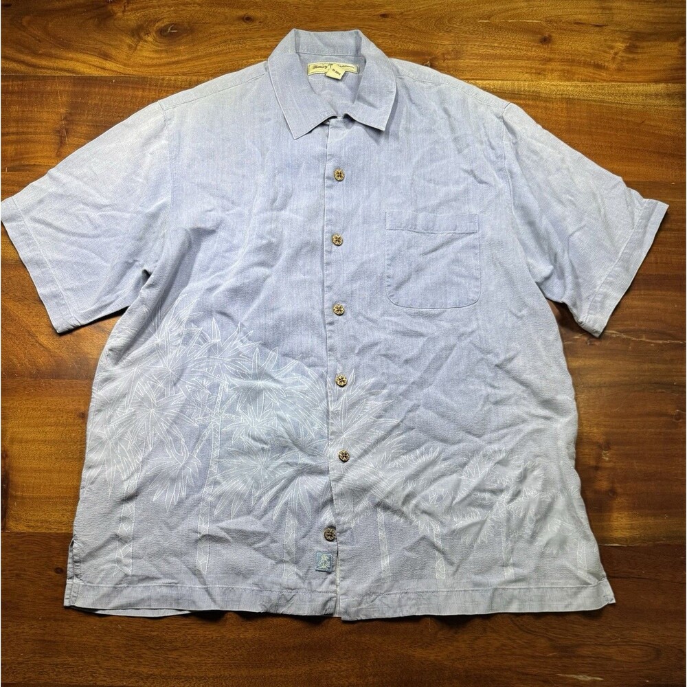 Tommy Bahama Tahitian Border Silk Camp Shirt Mens Small S Blue Palm Tree Woven